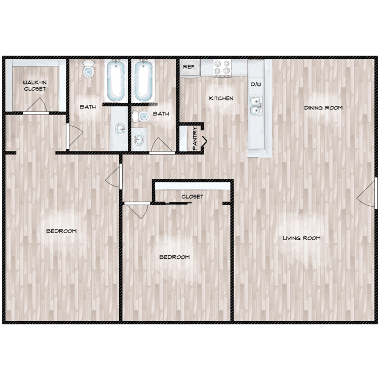Floor plan for 2 beds, 2 baths, 1040 sqft